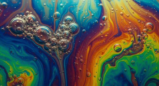 Iridescent soap film with bubbles and swirls.