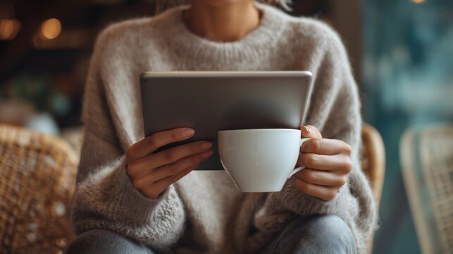 Person in cozy sweater using tablet while drinking coffee, blurred cafe background. - Powered by Adobe