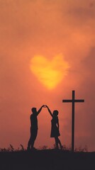 Couple Forming Heart Shape at Sunset with Cross