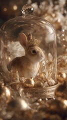 Regal Bunny in Golden Bell Jar with Christmas Ornaments