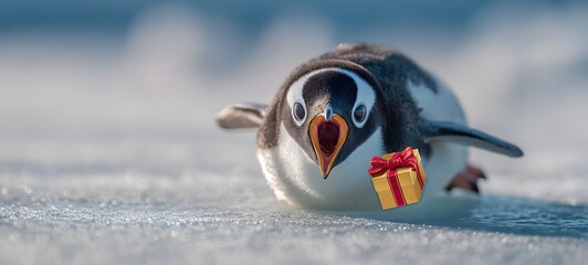 Adorable penguin opens its beak as it receives a gift box on the ice.