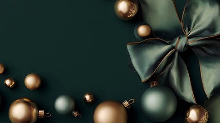 Luxurious Christmas decorations with a satin bow and gold ornaments on a deep green background.