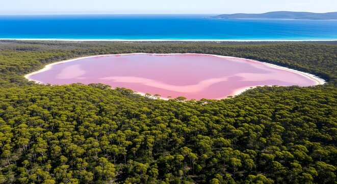 Lake Hillier: An aerial perspective of the stunning Lake Hillier, showcasing its vibrant pink waters, framed by lush green forest and the azure ocean. A visual poem of natural beauty.