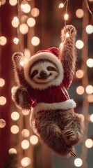 Adorable Sloth in Santa Hat Hanging on Christmas Lights
