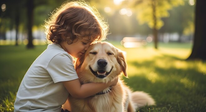 Bond of Affection: A young child embraces their loyal golden retriever, the scene radiating warmth and companionship, set amidst a sun-dappled park.