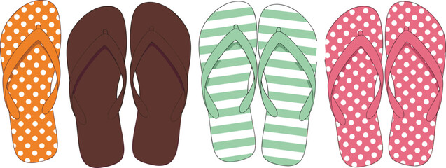 Flip-flop sandal vector set with polka dot, striped, and solid designs in colorful summer footwear fashion illustration for stock content