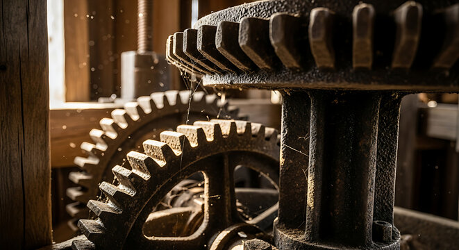 Close up view of intricate interlocking metal gears and weathered wooden shafts inside an antique industrial mill mechanism showcasing historical power