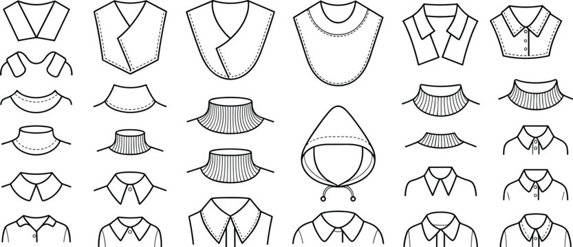 Set of 25 stylish fashion collar designs in black and white line art for sewing, costume, garment, and apparel illustration