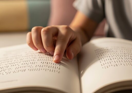 A person's hand reading Braille on an open book, focusing on the text.