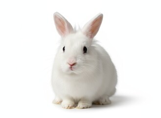 Obraz premium A fluffy white rabbit sits facing forward against a white background.