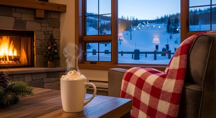 Cozy Cabin Retreat: A warm and inviting scene of a comfortable cabin interior, where a steaming mug rests on a wooden table, a roaring fire in the stone fireplace.