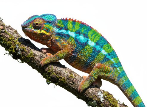Vibrant Panther Chameleon on Mossy Branch Isolated on White Background