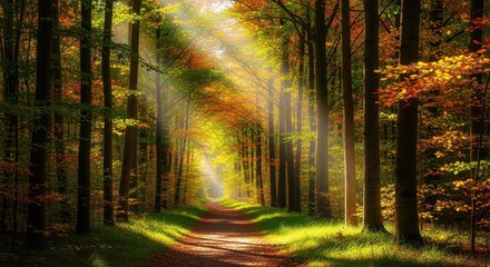 Sunlight streams through tall trees illuminating a narrow dirt path winding through a vibrant autumn forest with colorful foliage and green grass
