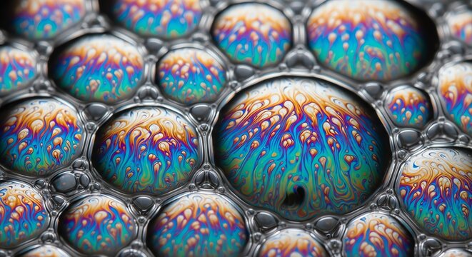 Macro iridescent soap bubbles pattern with rainbow colors.