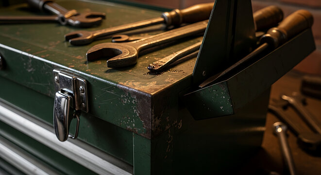 Vintage green metal toolbox filled with essential hand tools for repair maintenance work and DIY projects in a rustic workshop setting