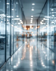 Blurred Blue Tinted Office Hallway with Glass Walls and Shiny Floor