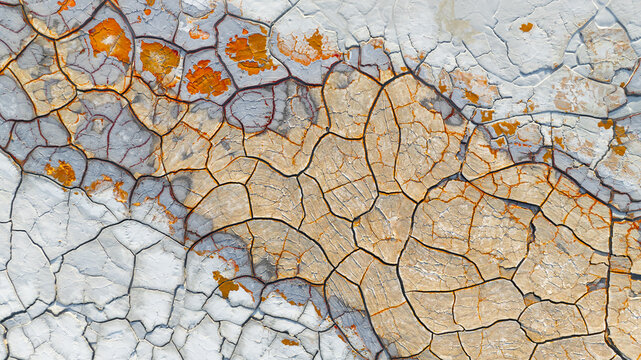Aerial view of a cracked earth's parched canvas, where fiery orange fissures cut through a pale, ashen landscape, R&iacute;otinto, Andalusia, Spain.