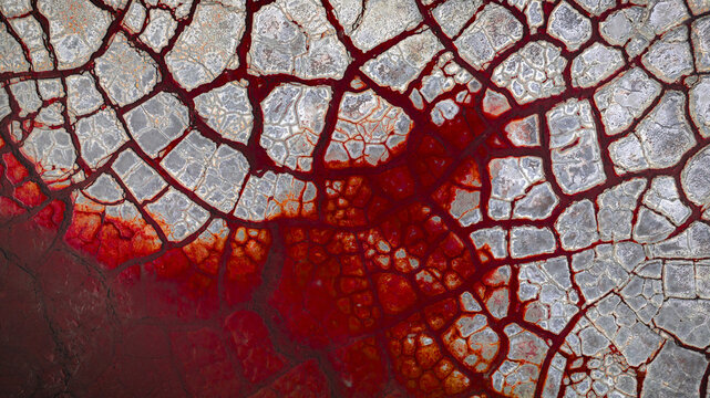 Aerial view of a cracked earth canvas painted with vibrant crimson hues, resembling veins of fire, R&iacute;otinto, Andalusia, Spain.