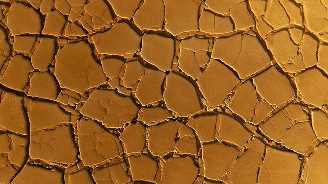 Aerial view of parched earth revealing a network of cracks resembling a mosaic of ochre tiles, a testament to the arid landscape, Ríotinto, Andalusia, Spain. - Powered by Adobe