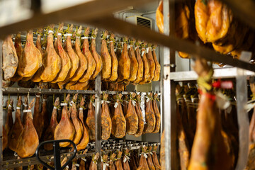 Batch of high quality ham from natural meat is dried at the factory. Process of making jamon