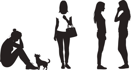Silhouette of people and dog in emotional scenes, showing distress, companionship, and interaction through expressive posture and body language