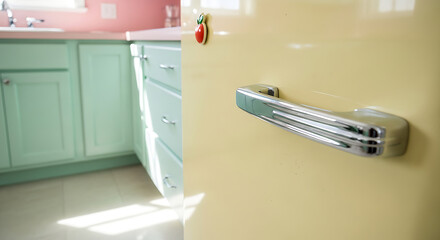 Close up vintage yellow refrigerator handle in a charming retro kitchen with pastel colors and classic design details sunny day