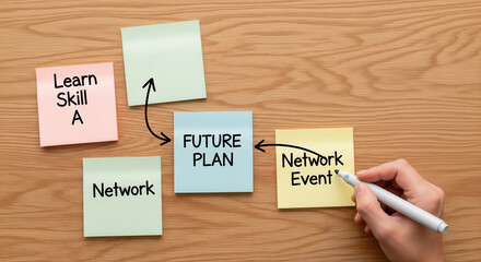 Future plan concept with colorful sticky notes on wooden desk, including learn skill, network, and event, with hand writing and arrows connecting ideas, representing career planning and motivation