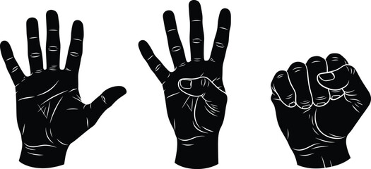 Obraz premium Black Silhouettes of Human Hands in Open, Gesture, and Fist Positions Isolated on White Background for Communication and Symbolism Concepts