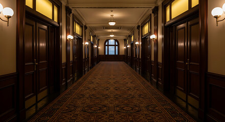 Long luxurious vintage hotel corridor with elegant doors and patterned carpet leading to a distant window interior design