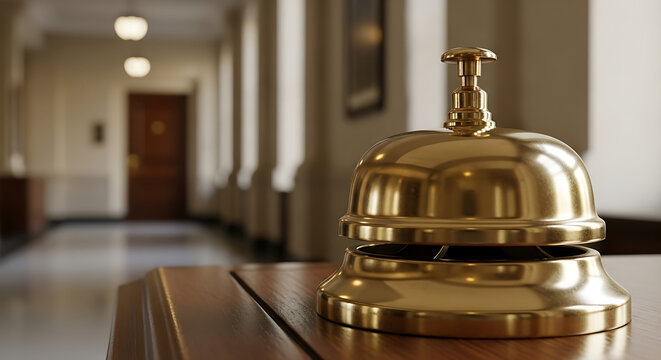 Golden service bell on a polished reception desk in a luxurious hotel lobby offering exceptional customer hospitality and professional assistance