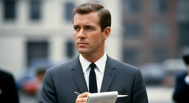 Serious professional man in suit writing notes looking away outdoors in urban setting contemplating information gathering research