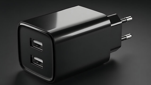 A black dual-port USB wall charger with European plug for charging electronic devices. - Powered by Adobe
