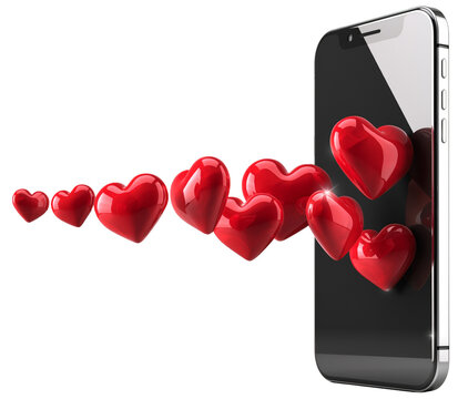 Online dating concept: Smartphone Send and Receive Hearts Messages 