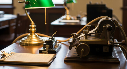 Antique telegraph machine and Morse code key on a wooden desk representing vintage communication technology and historical office equipment