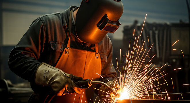 Skilled industrial worker safely performing metal welding operation creating bright sparks in manufacturing facility demonstrating expert craftsmanship and professional dedication