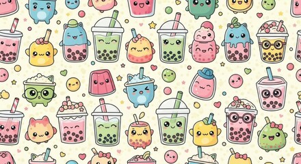Adorable and colorful collection of bubble tea characters with cute expressions and playful