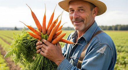 Smiling mature farmer proudly displays a bountiful harvest of fresh organic carrots from his sustainable farm field symbolizing healthy agriculture