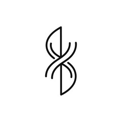 A minimalist black line art icon with a symmetrical, abstract design resembling a double helix or a stylized letter S on a white background.