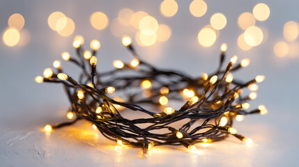 Warm glowing fairy lights on a white surface with blurred bokeh background
