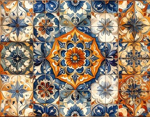 Intricate watercolor tile pattern with floral motifs in blue, orange, and gold