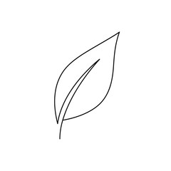 Simple black and white line drawing of a single leaf, representing nature and growth.