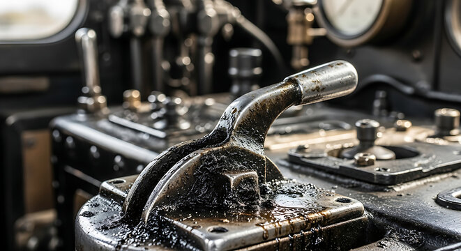 Grungy metallic train engine control lever closeup showing industrial machinery detail with vintage mechanical components covered in oil and grease