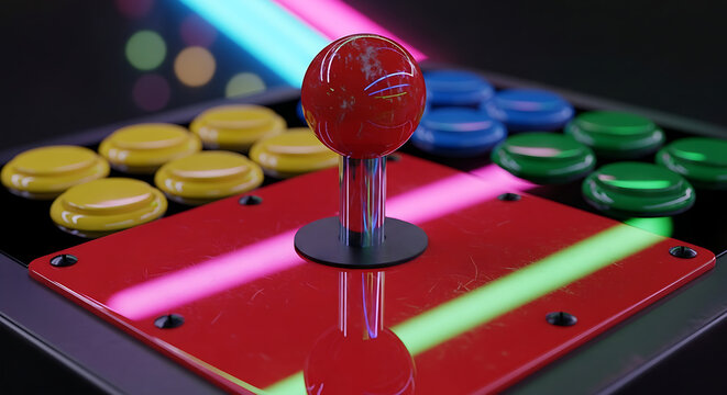 Vibrant retro arcade game machine controller with red joystick and colorful push buttons for nostalgic vintage electronic entertainment