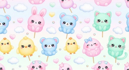 Whimsical pastel animal collection with adorable bunnies, bears, kittens, and fluffy chicks amidst
