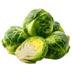 Fototapeta premium Fresh brussels sprouts pile isolated on white background one cut in half