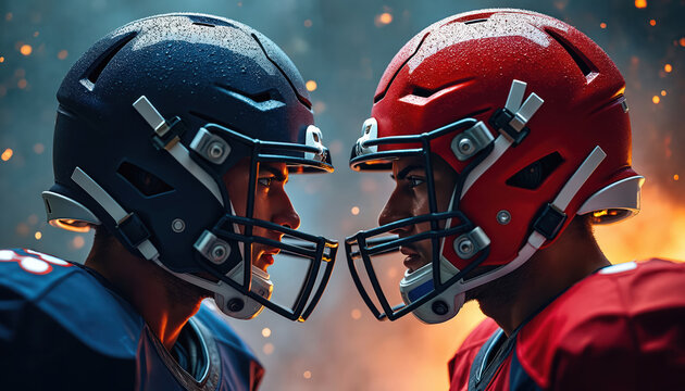Two football players face each other. Their helmets symbolize battle. Intense rivalry is shown with a fiery background. Sport game concept representing competition and league.