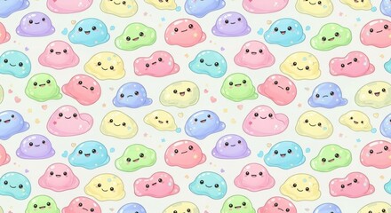 Adorable pastel-colored slime creatures with cheerful faces creating playful pattern for fun