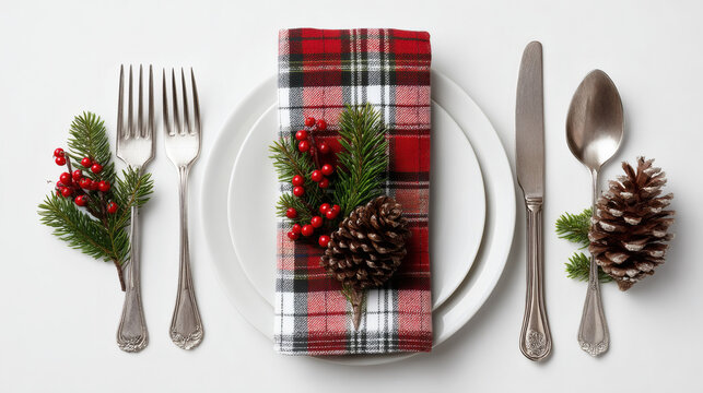 Festive Christmas table setting with plaid napkin, pinecone, and silverware