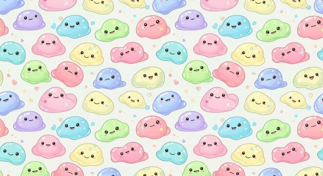 Adorable pastel-colored slime creatures with cheerful faces creating playful pattern for fun