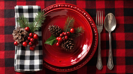 Festive Christmas table setting with red plates, plaid tablecloth, and decorations
